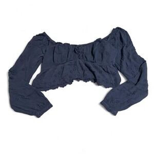 Hollister Dark Blue Eyelet Peasant Crop Top Square Neck Long Sleeve M